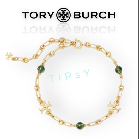 Tory Burch Roxanne Delicate Emerald Pearl and Gold Chainlink Bracelet - Picture 1 of 3